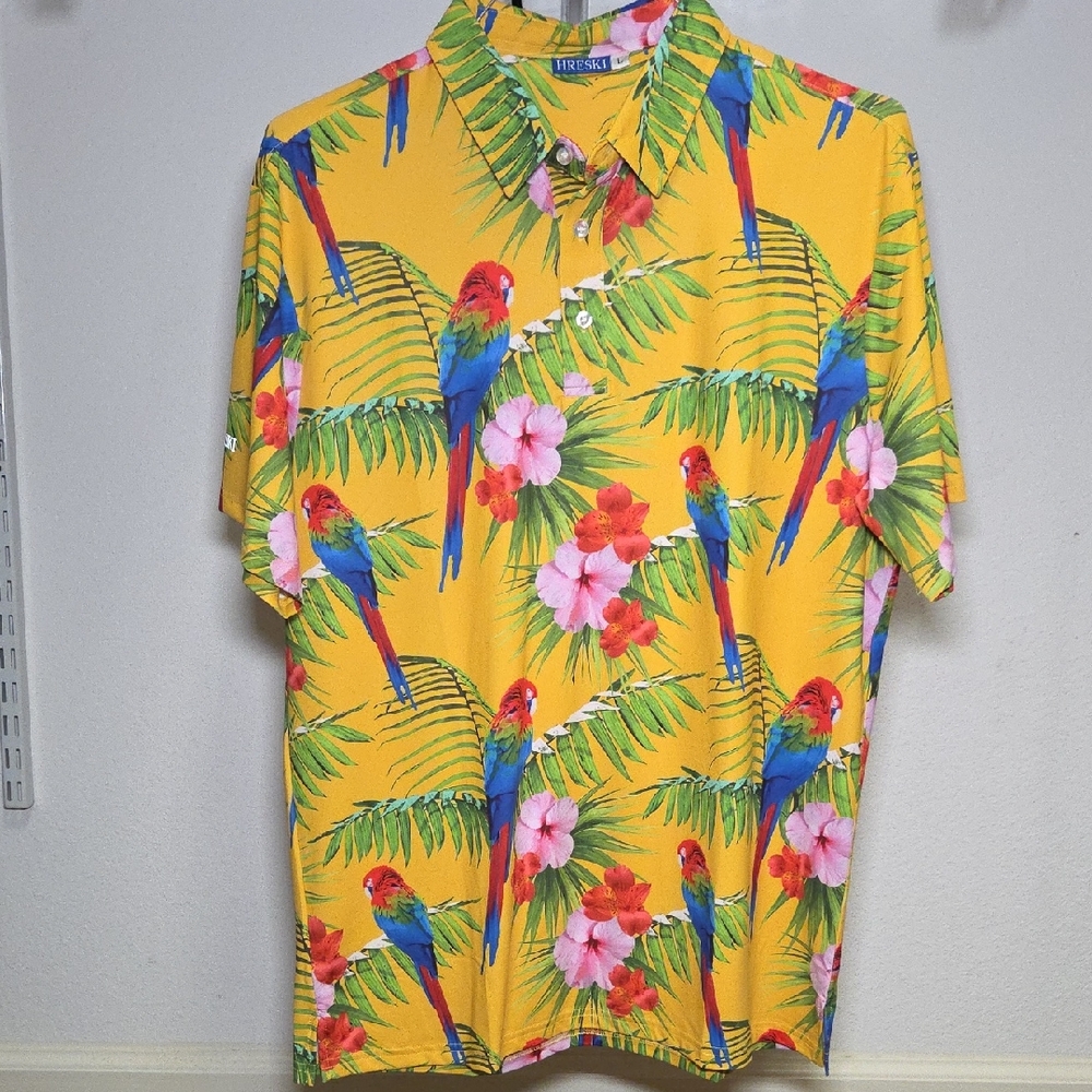 HRESKI | Tropical Yellow Parrot Print Golf Shirt | L